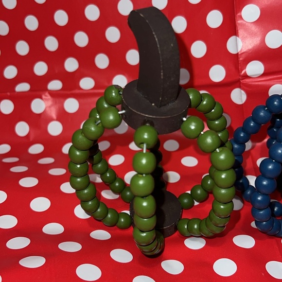 Set of 2 Green & Blue Wood Beaded Harvest Pumpkin Shaped Farmhouse Fall Decor - Picture 3 of 7